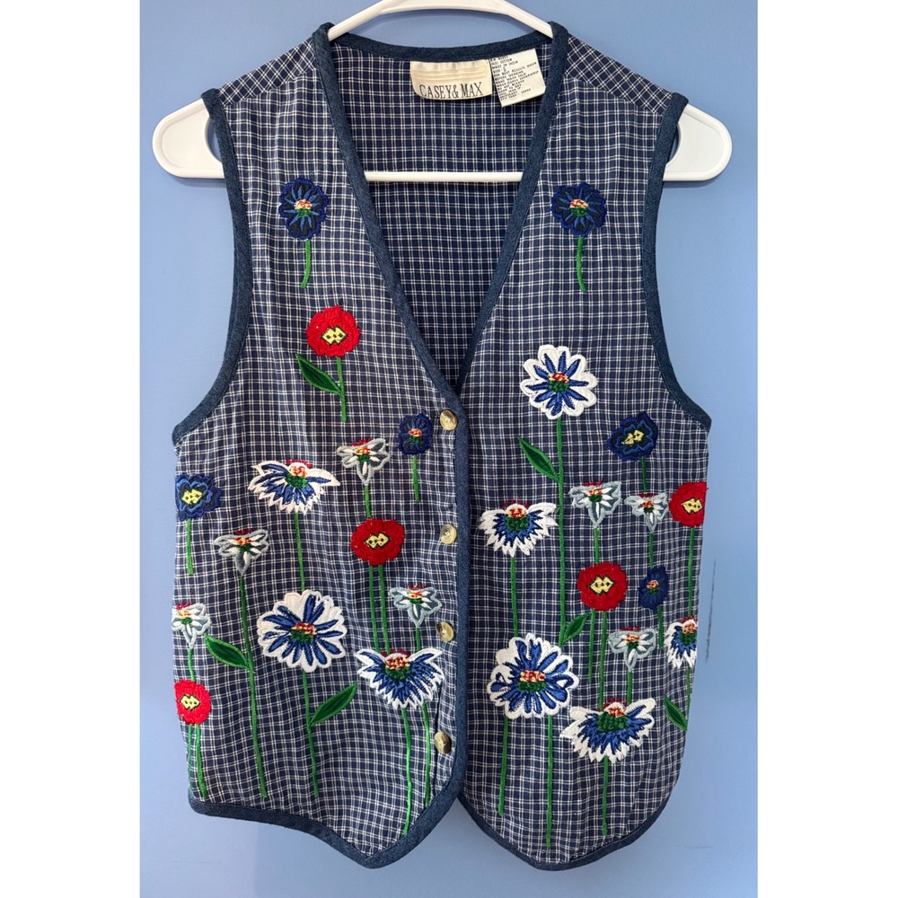Vintage Casey & Max Floral Embroidered Plaid Vest Navy Blue Cotton Small